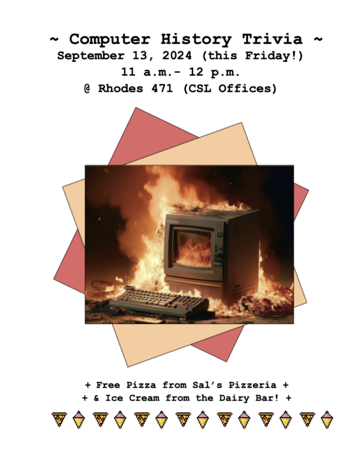 Flyer for Computer History Trivia, with a retro computer on fire